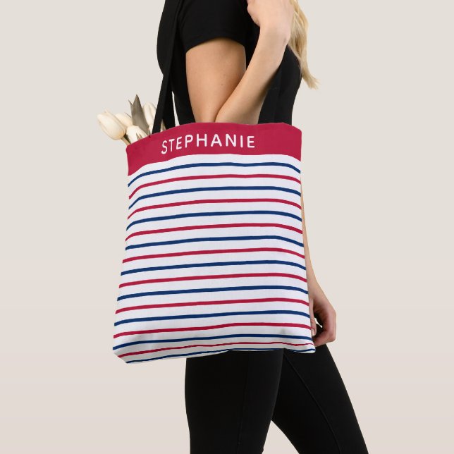 Custom Minimalist Red and Blue Stripes Modern Tote Bag (Close Up)