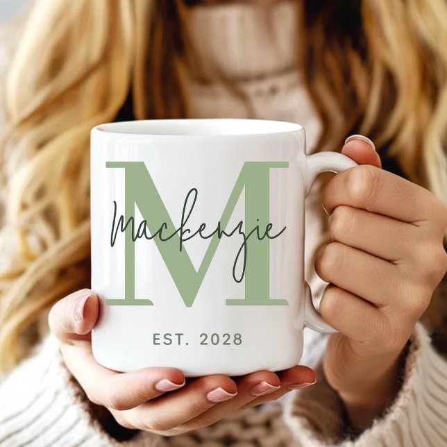 Custom Minimalist Sage Green Mug Wedding Gift Idea (Personalized Minimal Mug Sage Green Wedding Gift Wife, Sage Green Monogram Mug Modern Gift for Her)