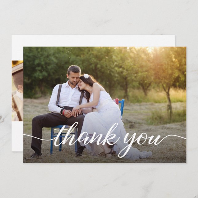 Custom Minimalist Script Wedding Photos  Thank You Card (Front/Back)