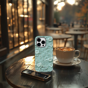 Custom Mint Green Embroidered Floral Motivational iPhone 14 Pro Case