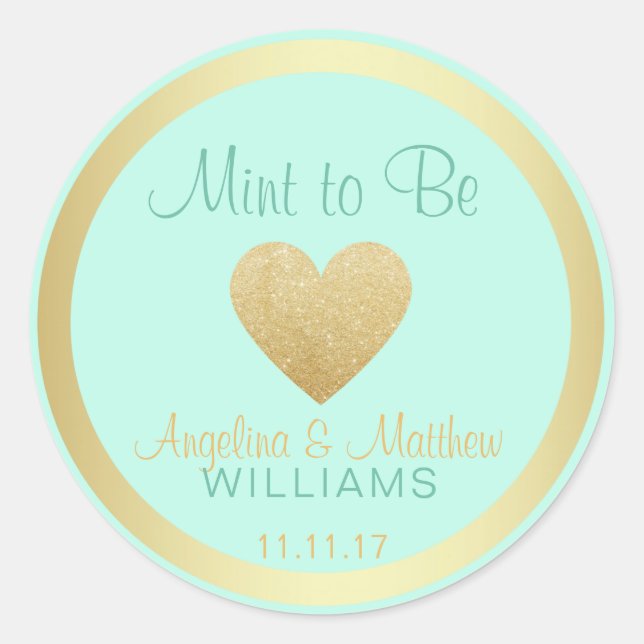 Custom Mint to Be Mint Gold Glitter Heart Wedding Classic Round Sticker (Front)