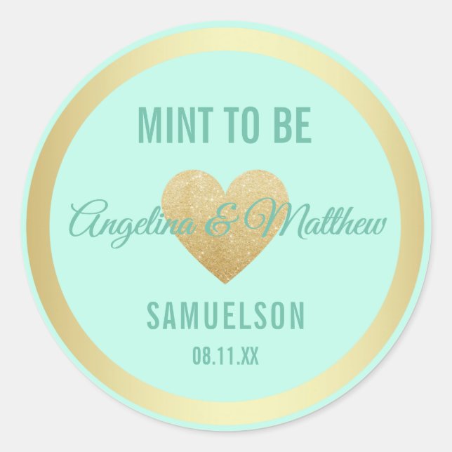 Custom Mint to Be Mint Gold Glitter Heart Wedding Classic Round Sticker (Front)