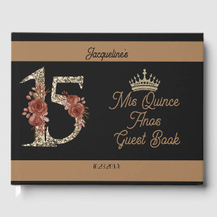 Custom Mis Quince Anos Black Floral Number Design Guest Book