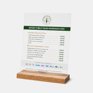 Custom Mobile Notary Fee Schedule Price List Green Acrylic Sign