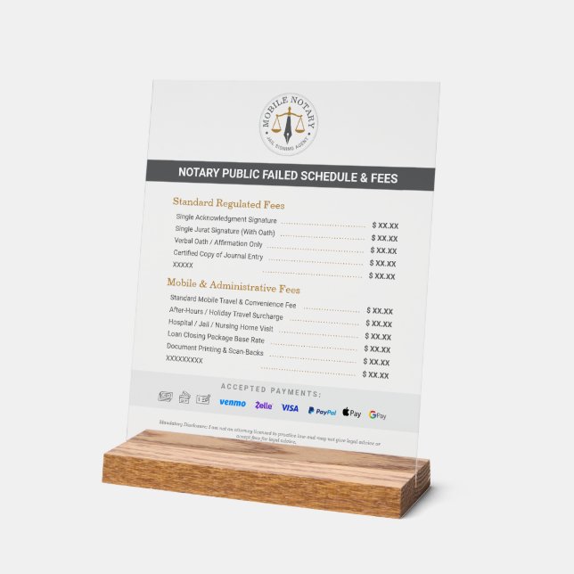 Custom Mobile Notary Fee Schedule Price List Grey Acrylic Sign (Angle)