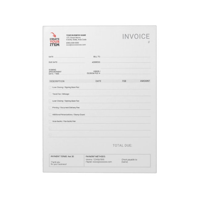 Custom Mobile Notary Invoice Template Checklist Notepad (Rotated)
