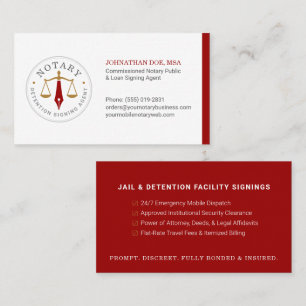 Custom Mobile Notary Legal Jail Signing Red Gold Business Card