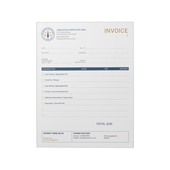Custom Mobile Notary Legal Signing invoice Notepad (Rotated)