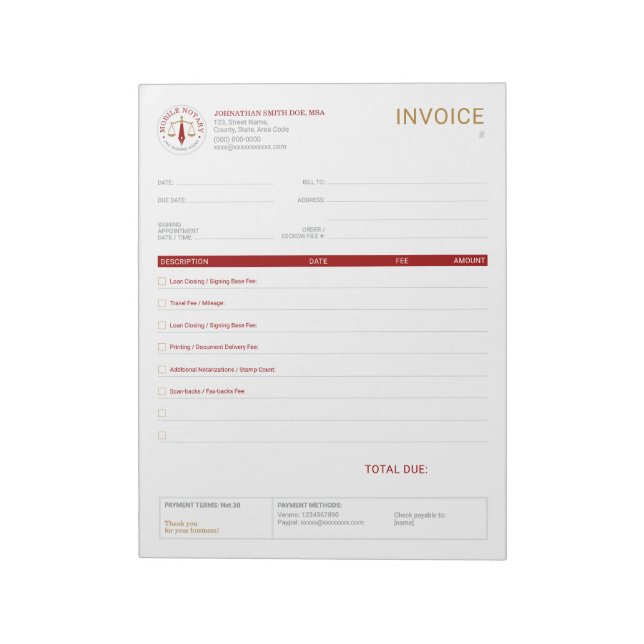 Custom Mobile Notary Legal Signing invoice Red Notepad (Rotated)