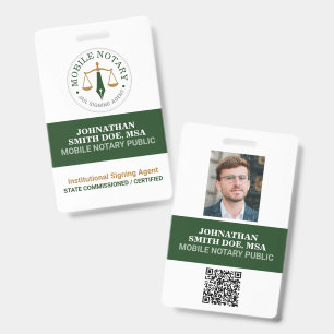 Custom Mobile Notary Signing Green Gold QR ID Badge