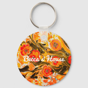 Custom Mod Mid Century Orange Flowers Yellow Brown Key Ring