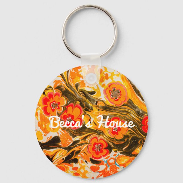 Custom Mod Mid Century Orange Flowers Yellow Brown Key Ring (Front)
