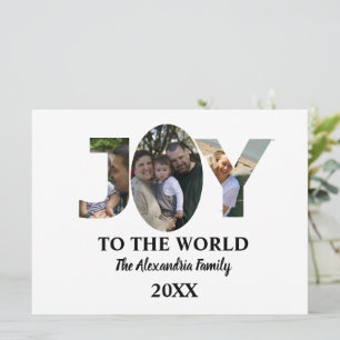 Custom modern 3 photo collage joy to the world card
