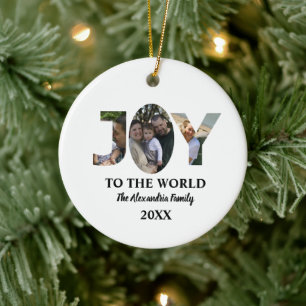 Custom modern 3 photo collage joy to the world ceramic tree decoration