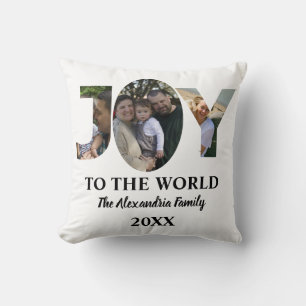 Custom modern 3 photo collage joy to the world cushion