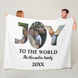 Custom modern 3 photo collage joy to the world fleece blanket