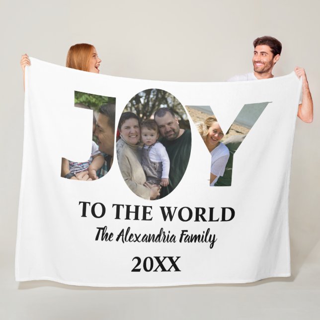 Custom modern 3 photo collage joy to the world fleece blanket (In Situ)