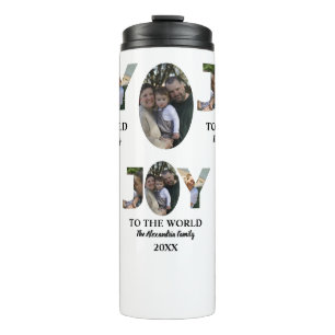Custom modern 3 photo collage joy to the world thermal tumbler