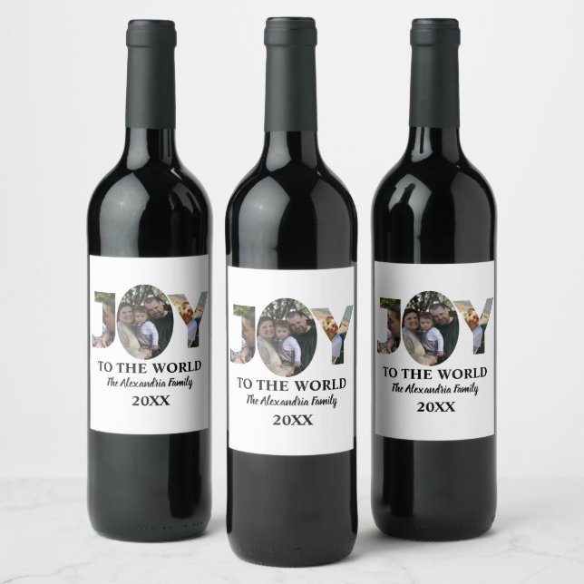 Custom modern 3 photo collage joy to the world wine label (Bottles)