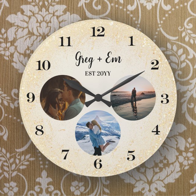 Custom Modern 3 Photo Collage Newly Weds Gold Large Clock (Creator Uploaded)