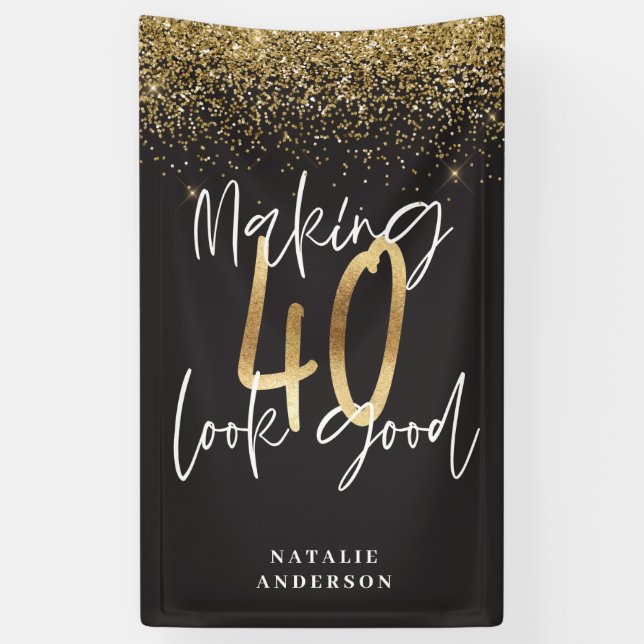 Custom modern 40th birthday black and gold chic  banner (Vertical)