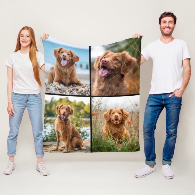 Custom Modern 4 Photo Collage Dog Fleece Blanket (In Situ)