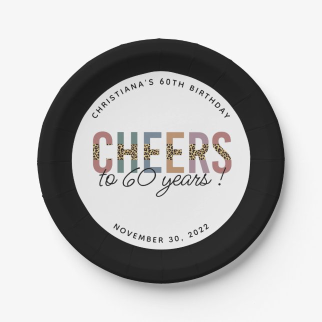 Custom Modern 60th Birthday  Leopard Typography Paper Plate (Front)