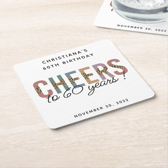Custom Modern 60th Birthday Leopard Typography Square Paper Coaster (Angled)