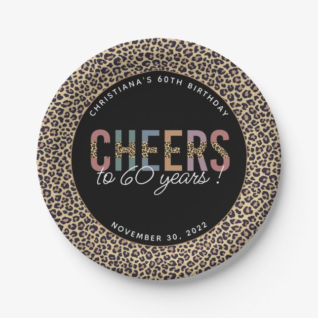 Custom Modern 60th Birthday Party Leopard Print Paper Plate (Front)