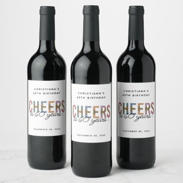 Custom Modern 60th Birthday Party Leopard Print Wine Label (Bottles)