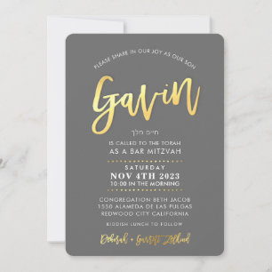 CUSTOM modern Bar Mitzvah for GAVIN grey faux gold Invitation