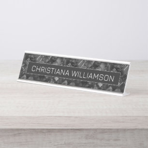Custom Modern Black Faux Glitter Pattern Desk Name Plate