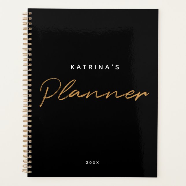 Custom Modern Black Gold Minimalist Script Monthly Planner (Front)