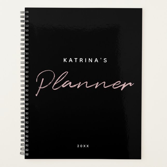 Custom Modern Black Pink Minimalist Script Planner (Front)