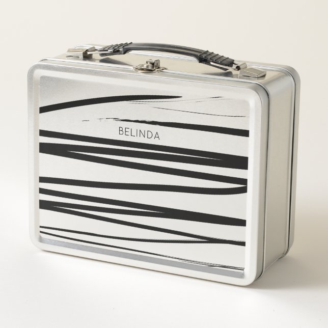 Custom Modern Black & White Lines Abstract Art   Metal Lunch Box (Front)