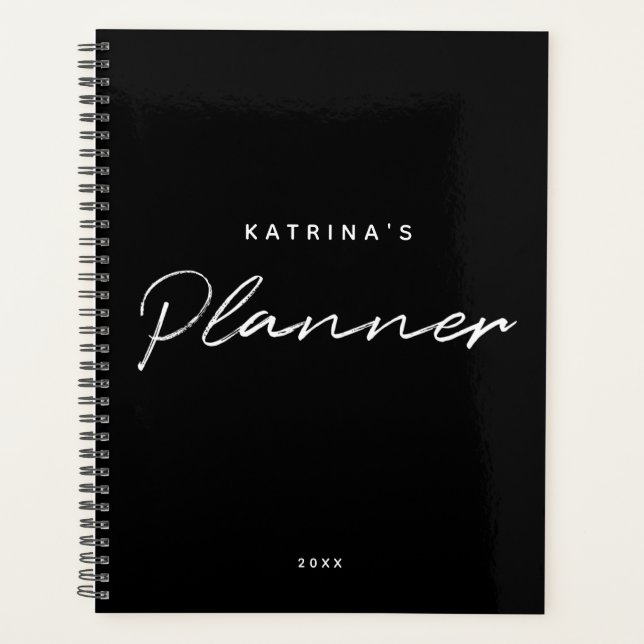 Custom Modern Black White Minimalist Script Planner (Front)