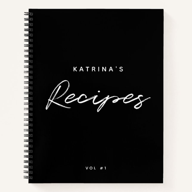 Custom Modern Black White Minimalist Script Recipe Notebook (Front)