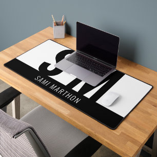 Custom Modern Black & White Simple Initials Desk Mat