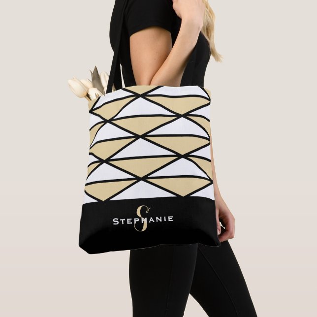 Custom Modern Black Yellow Chic Geometric Pattern Tote Bag (Close Up)