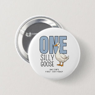 Custom Modern Blue One Silly Goose First Birthday 6 Cm Round Badge
