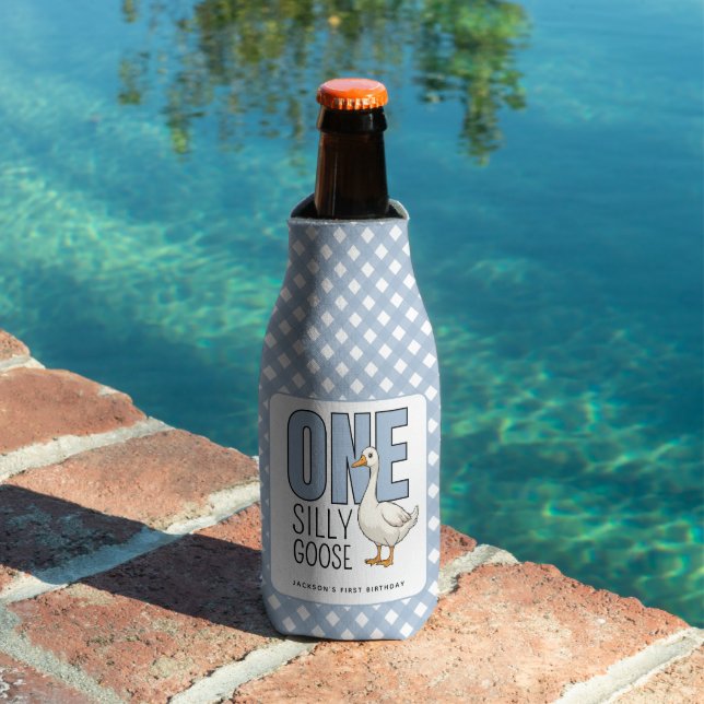Custom Modern Blue One Silly Goose First Birthday Bottle Cooler (In Situ Pool)