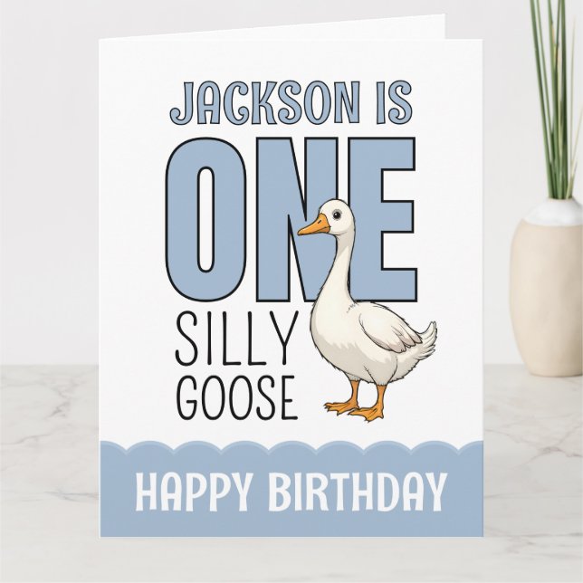 Custom Modern Blue One Silly Goose First Birthday Card (Front)