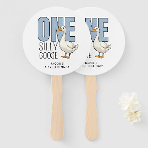 Custom Modern Blue One Silly Goose First Birthday Hand Fan