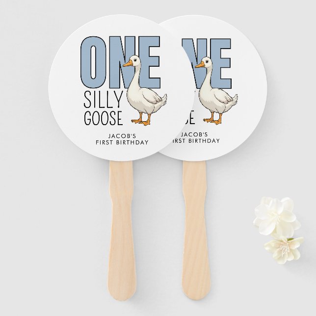 Custom Modern Blue One Silly Goose First Birthday Hand Fan (Front and Back)