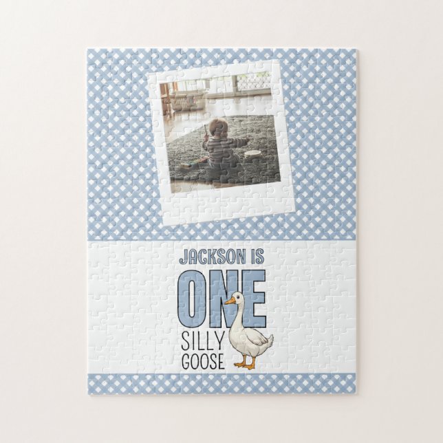 Custom Modern Blue One Silly Goose First Birthday Jigsaw Puzzle (Vertical)