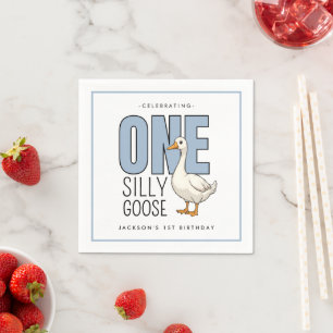 Custom Modern Blue One Silly Goose First Birthday Napkin