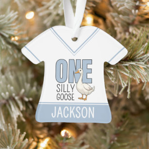 Custom Modern Blue One Silly Goose First Birthday Ornament