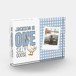 Custom Modern Blue One Silly Goose First Birthday Photo Block