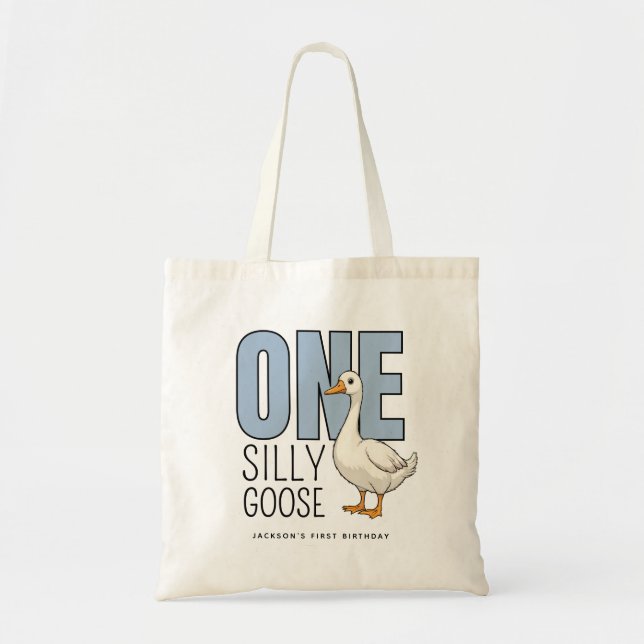 Custom Modern Blue One Silly Goose First Birthday Tote Bag (Front)