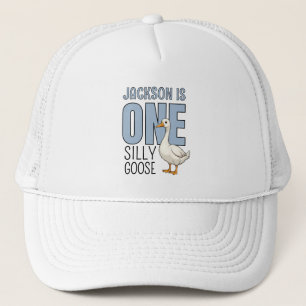 Custom Modern Blue One Silly Goose First Birthday Trucker Hat